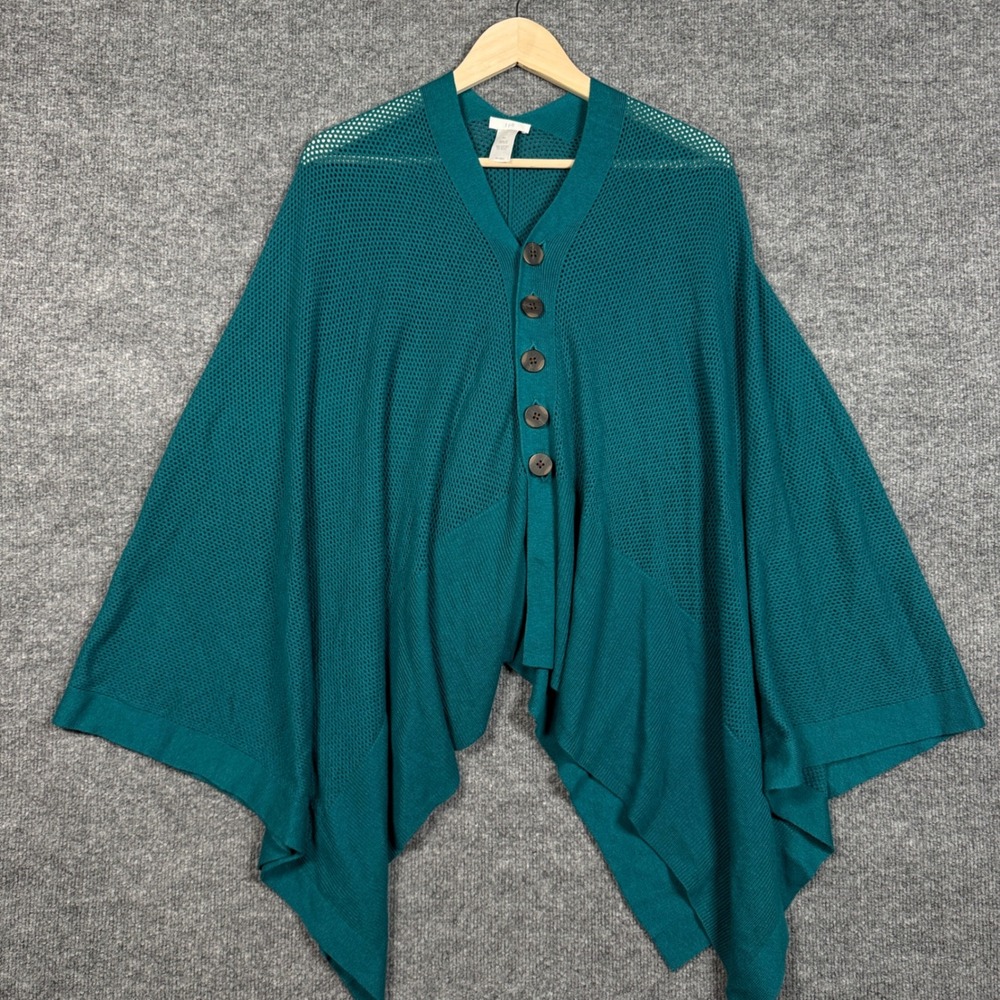 J.Jill Size Small Crochet Knit Poncho Cardigan Green Button Up Cotton Nylon Wool
